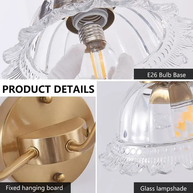 Alt view image 7 of 7 - 24 inch 3-Light Vintage Bathroom Wall Sconce Elegant Golden Metal and Glass Lampshade Vanity Light Fixture for Bathroom, Hallway, Or Bedroom (Bulb Not included)