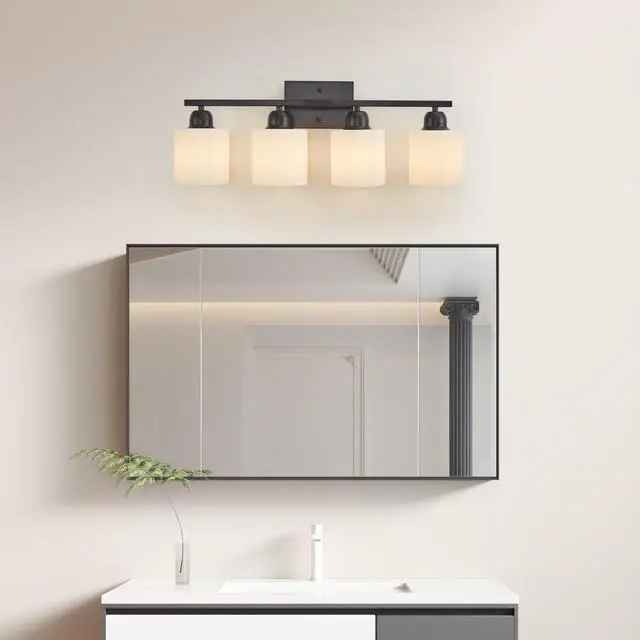 Main image of Black Bathroom Light Fixtures, 4-Light Modern Vanity Light Over Mirror, Wall Sconces with Milky White Frosted Glass Shades, E26 Socket (Bulbs Not included)