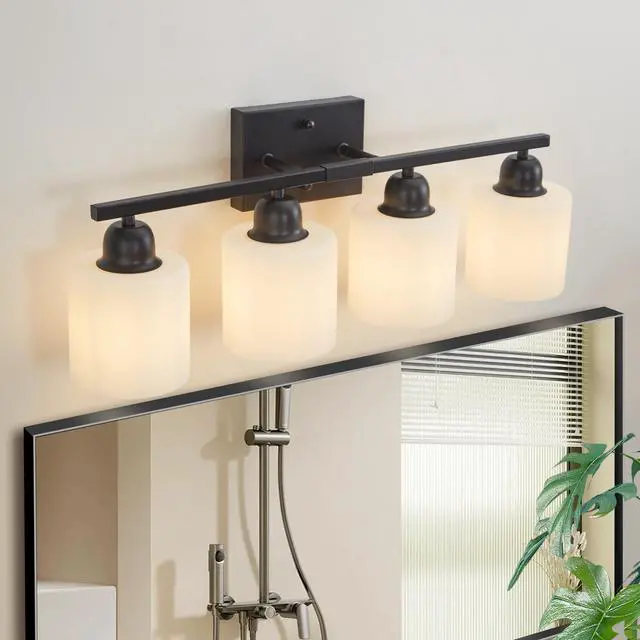 Alt view image 2 of 7 - Black Bathroom Light Fixtures, 4-Light Modern Vanity Light Over Mirror, Wall Sconces with Milky White Frosted Glass Shades, E26 Socket (Bulbs Not included)