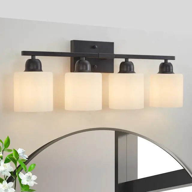 Alt view image 3 of 7 - Black Bathroom Light Fixtures, 4-Light Modern Vanity Light Over Mirror, Wall Sconces with Milky White Frosted Glass Shades, E26 Socket (Bulbs Not included)