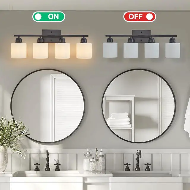 Alt view image 4 of 7 - Black Bathroom Light Fixtures, 4-Light Modern Vanity Light Over Mirror, Wall Sconces with Milky White Frosted Glass Shades, E26 Socket (Bulbs Not included)