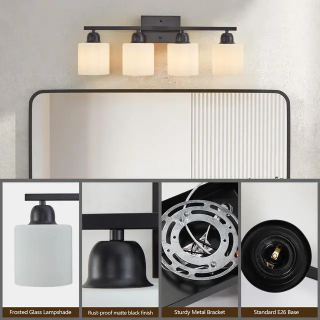 Alt view image 5 of 7 - Black Bathroom Light Fixtures, 4-Light Modern Vanity Light Over Mirror, Wall Sconces with Milky White Frosted Glass Shades, E26 Socket (Bulbs Not included)