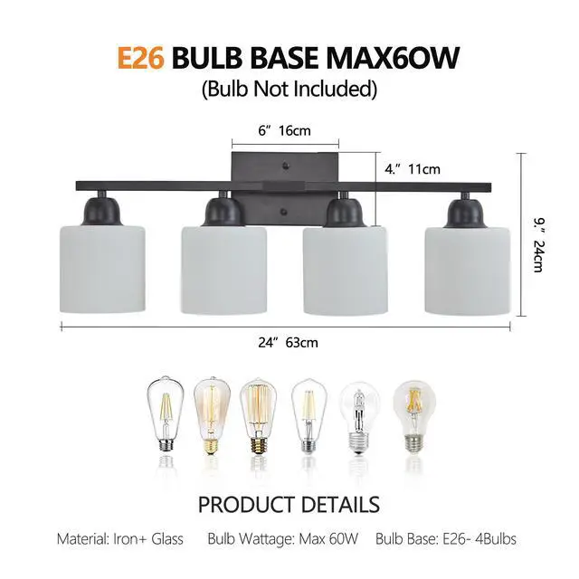 Alt view image 7 of 7 - Black Bathroom Light Fixtures, 4-Light Modern Vanity Light Over Mirror, Wall Sconces with Milky White Frosted Glass Shades, E26 Socket (Bulbs Not included)