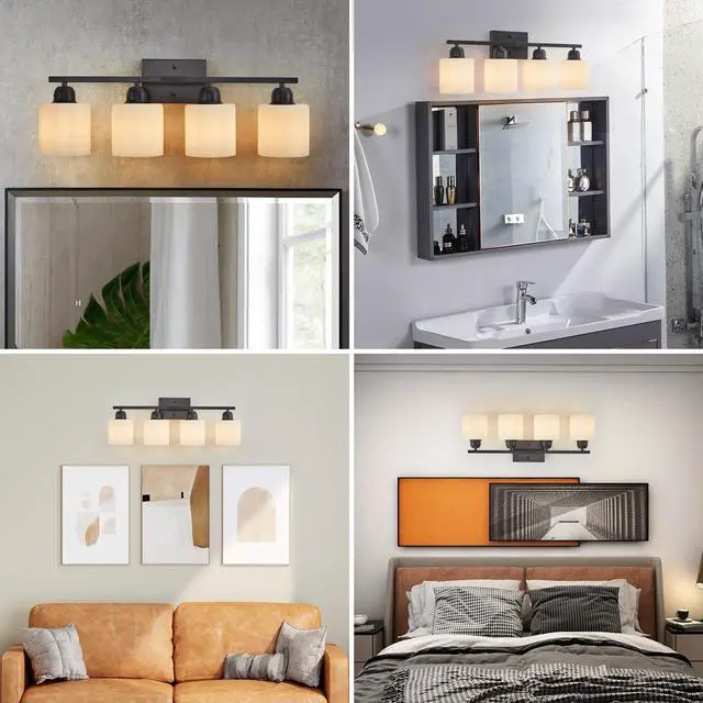 Alt view image 6 of 7 - Black Bathroom Light Fixtures, 4-Light Modern Vanity Light Over Mirror, Wall Sconces with Milky White Frosted Glass Shades, E26 Socket (Bulbs Not included)