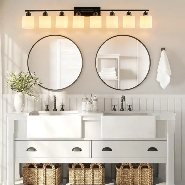 Alt view image 2 of 7 - 8-Light Bathroom Light Fixtures Over Mirror, 52inch Modern Matte Black Vanity Lights with White Frosted Glass Shade, Bathroom Wall Lamp Sconces for Mirror Bedroom, Living Room Hallway