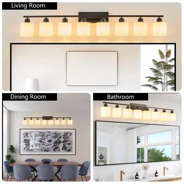 Alt view image 4 of 7 - 8-Light Bathroom Light Fixtures Over Mirror, 52inch Modern Matte Black Vanity Lights with White Frosted Glass Shade, Bathroom Wall Lamp Sconces for Mirror Bedroom, Living Room Hallway