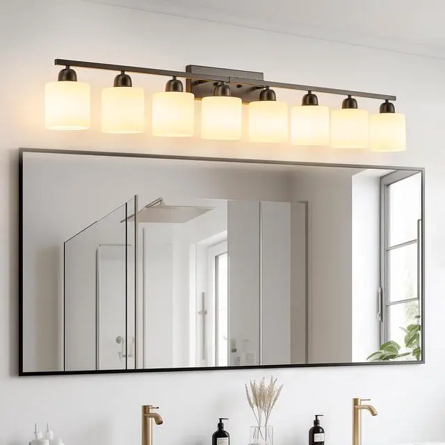 Alt view image 3 of 7 - 8-Light Bathroom Light Fixtures Over Mirror, 52inch Modern Matte Black Vanity Lights with White Frosted Glass Shade, Bathroom Wall Lamp Sconces for Mirror Bedroom, Living Room Hallway