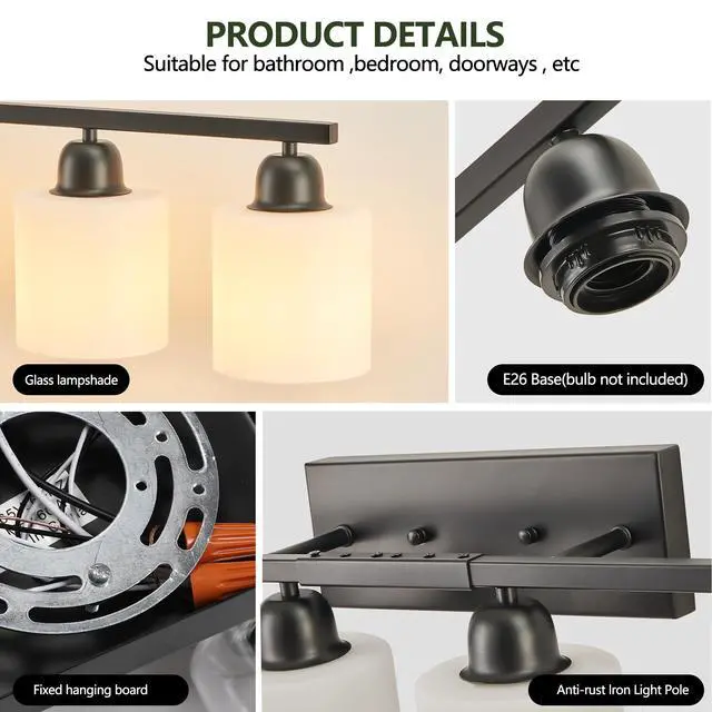 Alt view image 5 of 7 - 8-Light Bathroom Light Fixtures Over Mirror, 52inch Modern Matte Black Vanity Lights with White Frosted Glass Shade, Bathroom Wall Lamp Sconces for Mirror Bedroom, Living Room Hallway