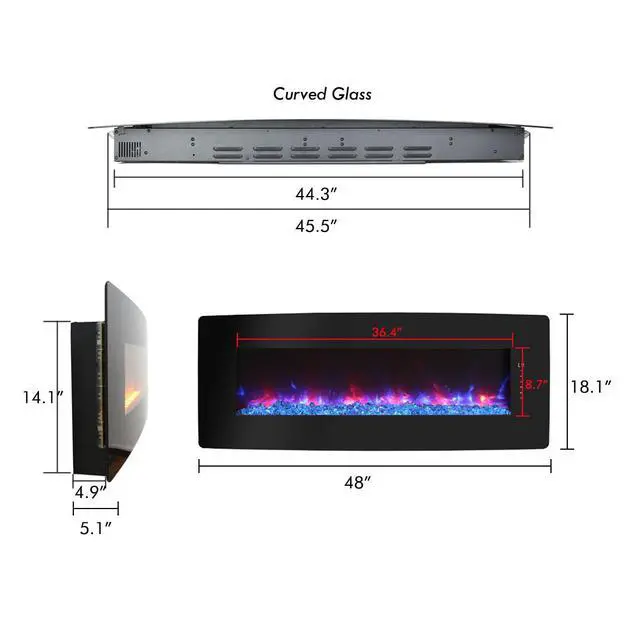 Alt view image 2 of 7 - 48 Inch Curved Front Wall Mounted Electric Fireplace With Remote And Multi Color Flame & Emberbed