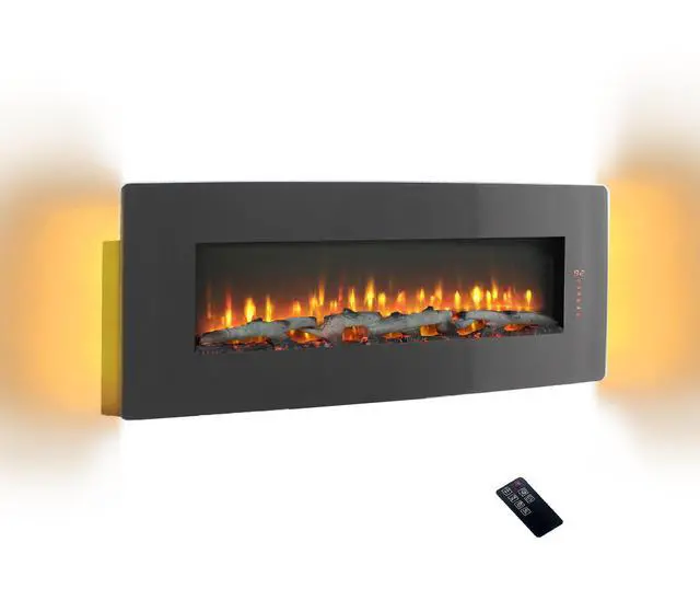 Main image of 48 Inch Curved Front Wall Mounted Electric Fireplace With Remote And Multi Color Flame & Emberbed