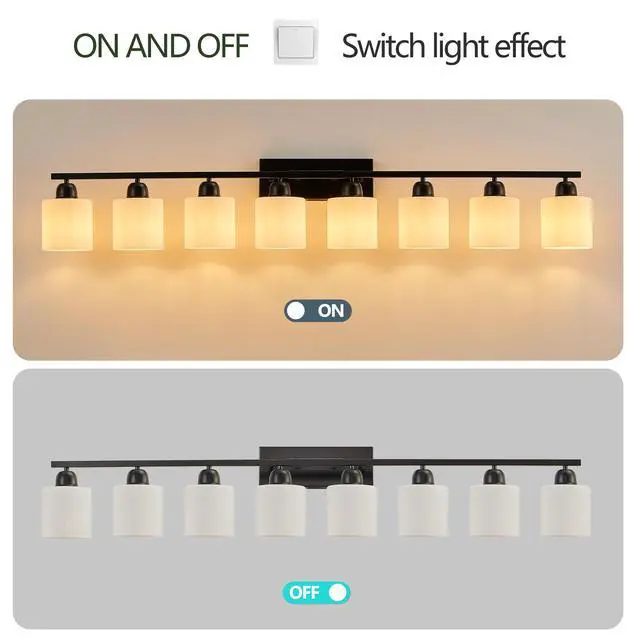 Alt view image 6 of 7 - 8-Light Bathroom Light Fixtures Over Mirror, 52inch Modern Matte Black Vanity Lights with White Frosted Glass Shade, Bathroom Wall Lamp Sconces for Mirror Bedroom, Living Room Hallway