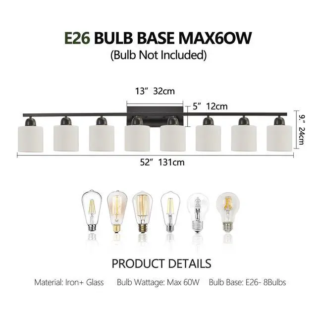 Alt view image 7 of 7 - 8-Light Bathroom Light Fixtures Over Mirror, 52inch Modern Matte Black Vanity Lights with White Frosted Glass Shade, Bathroom Wall Lamp Sconces for Mirror Bedroom, Living Room Hallway
