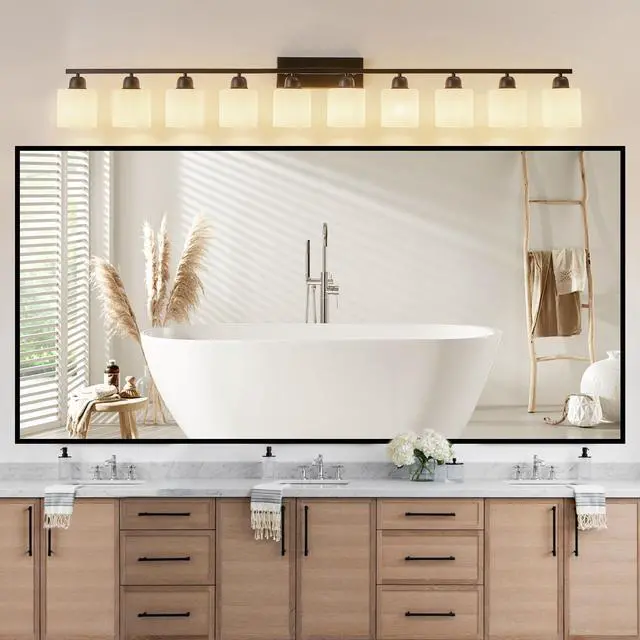 Main image of 10 Light Bathroom Vanity Lights Over Mirror, 65.4 inch Black Vanity Lights Fixtures with White Glass Shades Matte Black Modern Vanity Lights Black Bathroom Wall Lighting for Mirror Bedroom