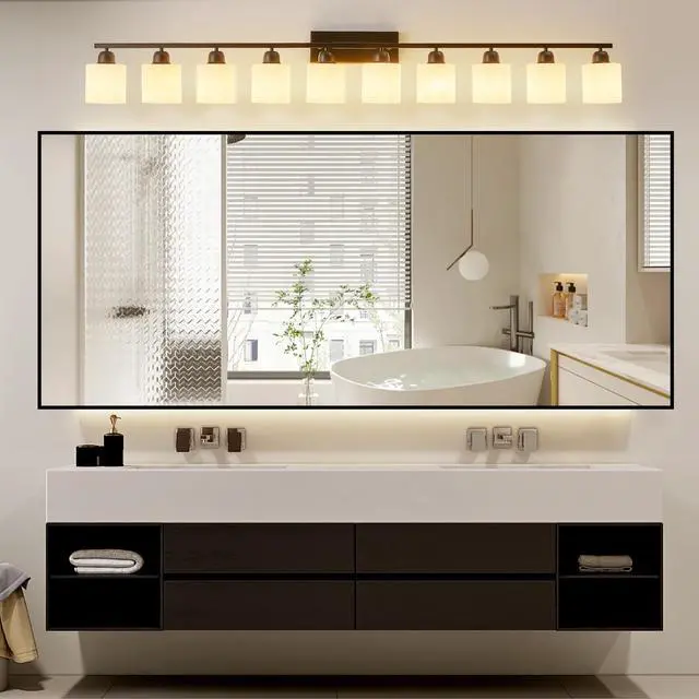 Alt view image 2 of 7 - 10 Light Bathroom Vanity Lights Over Mirror, 65.4 inch Black Vanity Lights Fixtures with White Glass Shades Matte Black Modern Vanity Lights Black Bathroom Wall Lighting for Mirror Bedroom