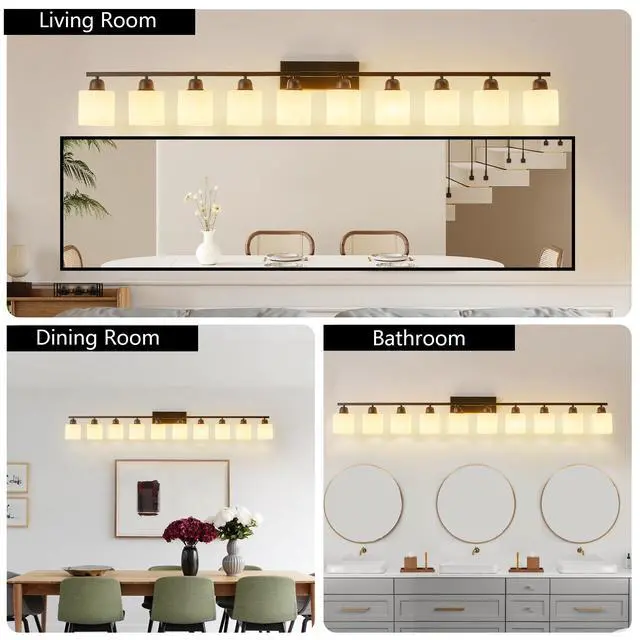 Alt view image 4 of 7 - 10 Light Bathroom Vanity Lights Over Mirror, 65.4 inch Black Vanity Lights Fixtures with White Glass Shades Matte Black Modern Vanity Lights Black Bathroom Wall Lighting for Mirror Bedroom