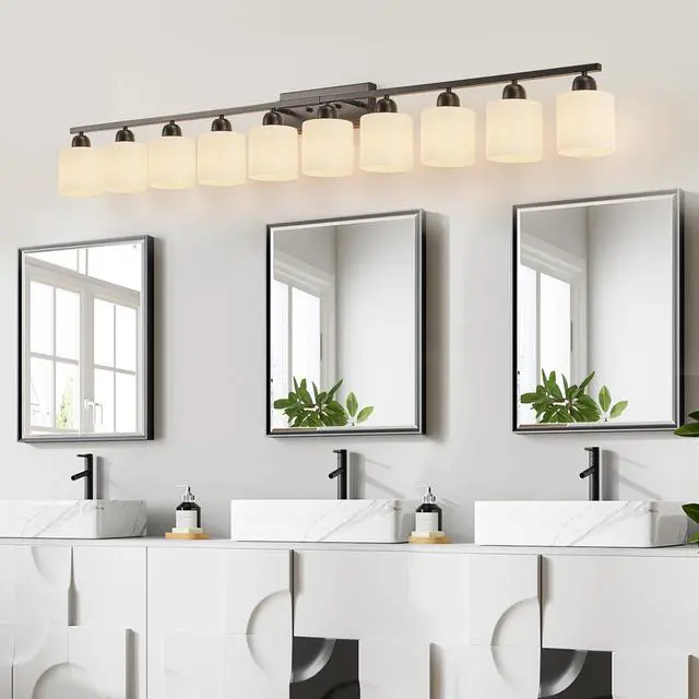 Alt view image 3 of 7 - 10 Light Bathroom Vanity Lights Over Mirror, 65.4 inch Black Vanity Lights Fixtures with White Glass Shades Matte Black Modern Vanity Lights Black Bathroom Wall Lighting for Mirror Bedroom