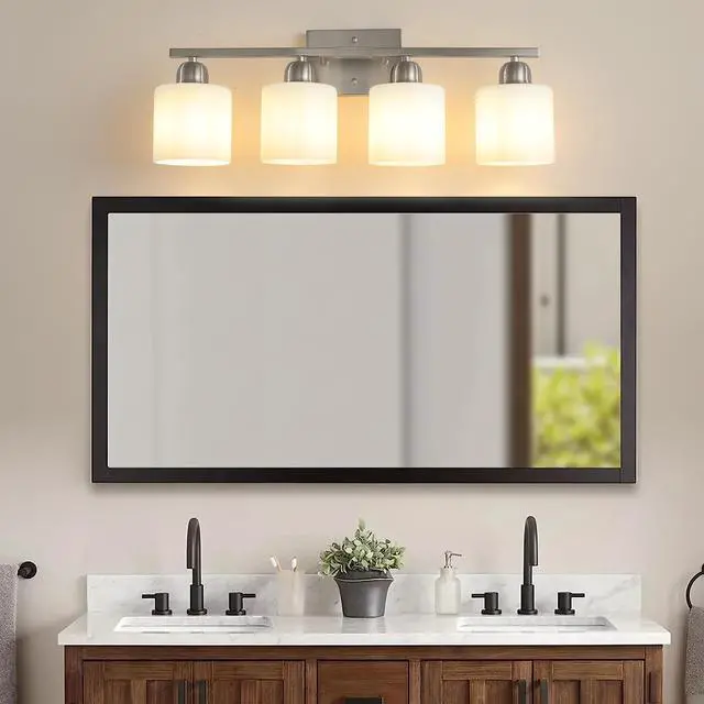 Main image of Brushed Nickel Bathroom Light Fixtures, 4-Light Modern Vanity Light Over Mirror, Wall Sconces with Milky White Frosted Glass Shades, E26 Socket (Bulbs Not included)