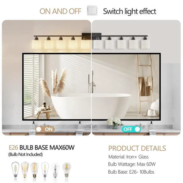 Alt view image 7 of 7 - 10 Light Bathroom Vanity Lights Over Mirror, 65.4 inch Black Vanity Lights Fixtures with White Glass Shades Matte Black Modern Vanity Lights Black Bathroom Wall Lighting for Mirror Bedroom