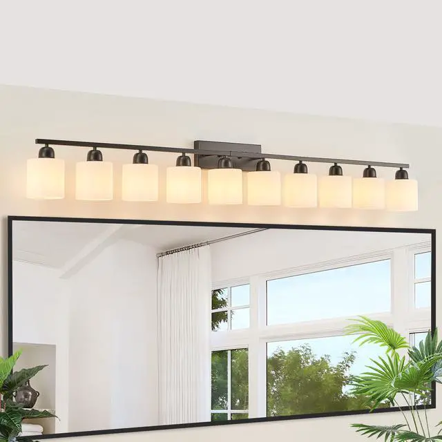 Alt view image 5 of 7 - 10 Light Bathroom Vanity Lights Over Mirror, 65.4 inch Black Vanity Lights Fixtures with White Glass Shades Matte Black Modern Vanity Lights Black Bathroom Wall Lighting for Mirror Bedroom