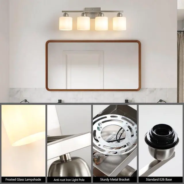 Alt view image 5 of 7 - Brushed Nickel Bathroom Light Fixtures, 4-Light Modern Vanity Light Over Mirror, Wall Sconces with Milky White Frosted Glass Shades, E26 Socket (Bulbs Not included)