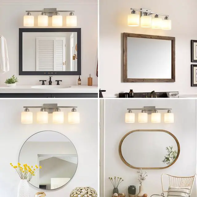Alt view image 6 of 7 - Brushed Nickel Bathroom Light Fixtures, 4-Light Modern Vanity Light Over Mirror, Wall Sconces with Milky White Frosted Glass Shades, E26 Socket (Bulbs Not included)