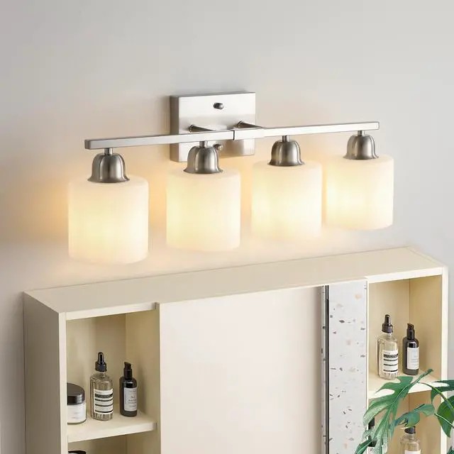 Alt view image 3 of 7 - Brushed Nickel Bathroom Light Fixtures, 4-Light Modern Vanity Light Over Mirror, Wall Sconces with Milky White Frosted Glass Shades, E26 Socket (Bulbs Not included)