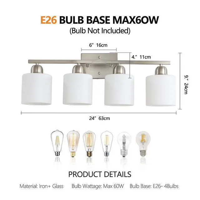 Alt view image 7 of 7 - Brushed Nickel Bathroom Light Fixtures, 4-Light Modern Vanity Light Over Mirror, Wall Sconces with Milky White Frosted Glass Shades, E26 Socket (Bulbs Not included)