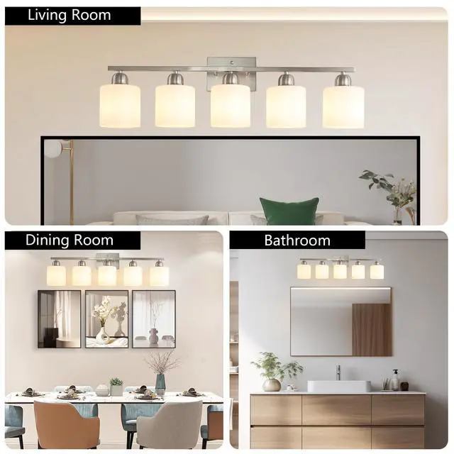 Alt view image 4 of 7 - Brushed Nickel Bathroom Light Fixtures, 5-Light Modern Vanity Light Over Mirror, Wall Sconces with Milky White Frosted Glass Shades, E26 Socket (Bulbs Not included)