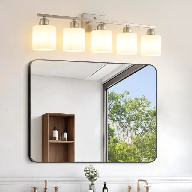 Main image of Brushed Nickel Bathroom Light Fixtures, 5-Light Modern Vanity Light Over Mirror, Wall Sconces with Milky White Frosted Glass Shades, E26 Socket (Bulbs Not included)