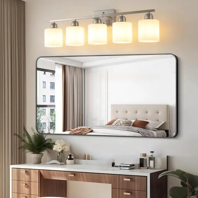 Alt view image 2 of 7 - Brushed Nickel Bathroom Light Fixtures, 5-Light Modern Vanity Light Over Mirror, Wall Sconces with Milky White Frosted Glass Shades, E26 Socket (Bulbs Not included)