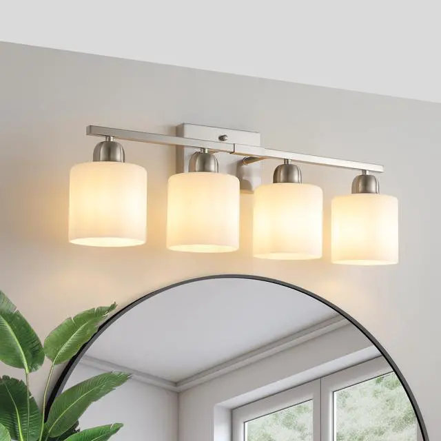 Alt view image 4 of 7 - Brushed Nickel Bathroom Light Fixtures, 4-Light Modern Vanity Light Over Mirror, Wall Sconces with Milky White Frosted Glass Shades, E26 Socket (Bulbs Not included)
