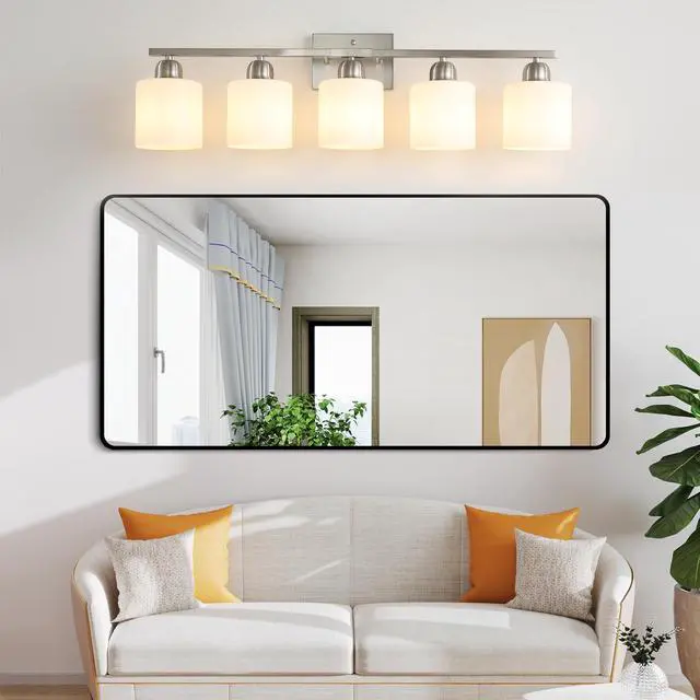 Alt view image 3 of 7 - Brushed Nickel Bathroom Light Fixtures, 5-Light Modern Vanity Light Over Mirror, Wall Sconces with Milky White Frosted Glass Shades, E26 Socket (Bulbs Not included)