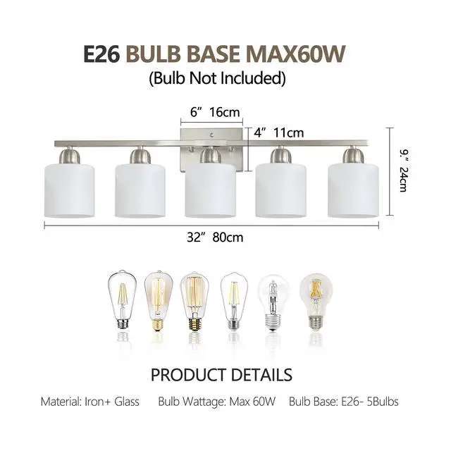 Alt view image 7 of 7 - Brushed Nickel Bathroom Light Fixtures, 5-Light Modern Vanity Light Over Mirror, Wall Sconces with Milky White Frosted Glass Shades, E26 Socket (Bulbs Not included)