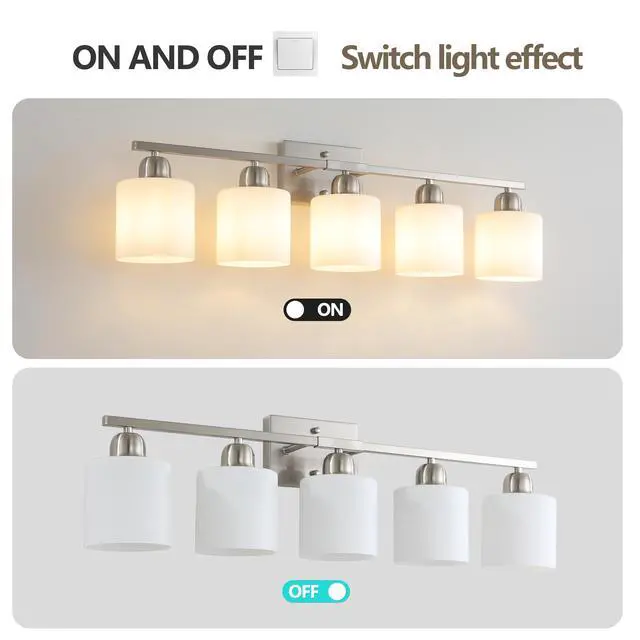 Alt view image 6 of 7 - Brushed Nickel Bathroom Light Fixtures, 5-Light Modern Vanity Light Over Mirror, Wall Sconces with Milky White Frosted Glass Shades, E26 Socket (Bulbs Not included)
