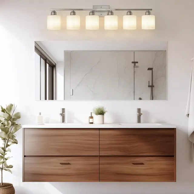 Alt view image 2 of 7 - 38" Bathroom Vanity Light, 6-Light Nickel Vanity Lights for Bathroom, Wall Sconce Lighting with Milky White Glass Shade, Wall Lights,Bath Vintage Wall Mounted Lamps for Mirror Bedroom