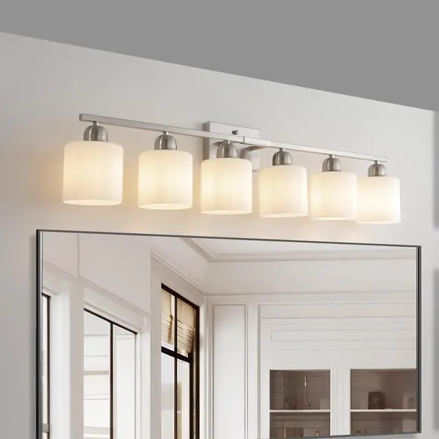 Alt view image 3 of 7 - 38" Bathroom Vanity Light, 6-Light Nickel Vanity Lights for Bathroom, Wall Sconce Lighting with Milky White Glass Shade, Wall Lights,Bath Vintage Wall Mounted Lamps for Mirror Bedroom
