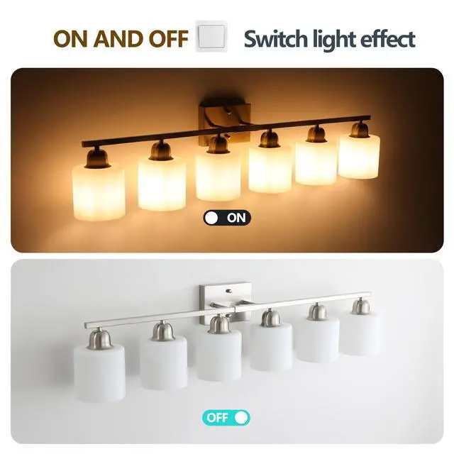 Alt view image 5 of 7 - 38" Bathroom Vanity Light, 6-Light Nickel Vanity Lights for Bathroom, Wall Sconce Lighting with Milky White Glass Shade, Wall Lights,Bath Vintage Wall Mounted Lamps for Mirror Bedroom