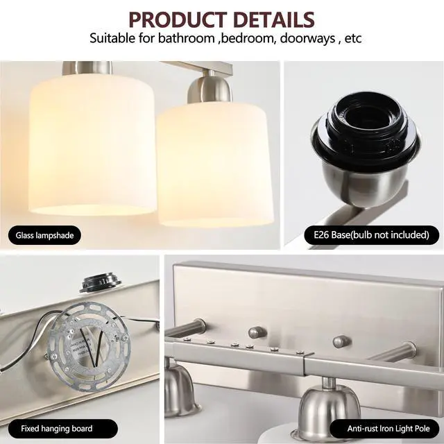 Alt view image 7 of 7 - 38" Bathroom Vanity Light, 6-Light Nickel Vanity Lights for Bathroom, Wall Sconce Lighting with Milky White Glass Shade, Wall Lights,Bath Vintage Wall Mounted Lamps for Mirror Bedroom