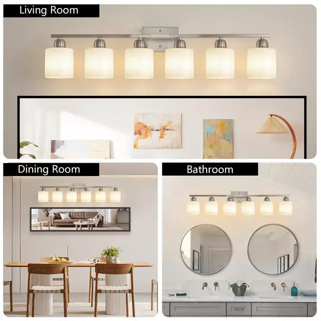 Alt view image 4 of 7 - 38" Bathroom Vanity Light, 6-Light Nickel Vanity Lights for Bathroom, Wall Sconce Lighting with Milky White Glass Shade, Wall Lights,Bath Vintage Wall Mounted Lamps for Mirror Bedroom