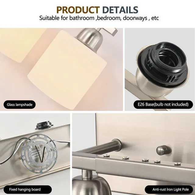 Alt view image 6 of 7 - 38" Bathroom Vanity Light, 6-Light Nickel Vanity Lights for Bathroom, Wall Sconce Lighting with Milky White Glass Shade, Wall Lights,Bath Vintage Wall Mounted Lamps for Mirror Bedroom