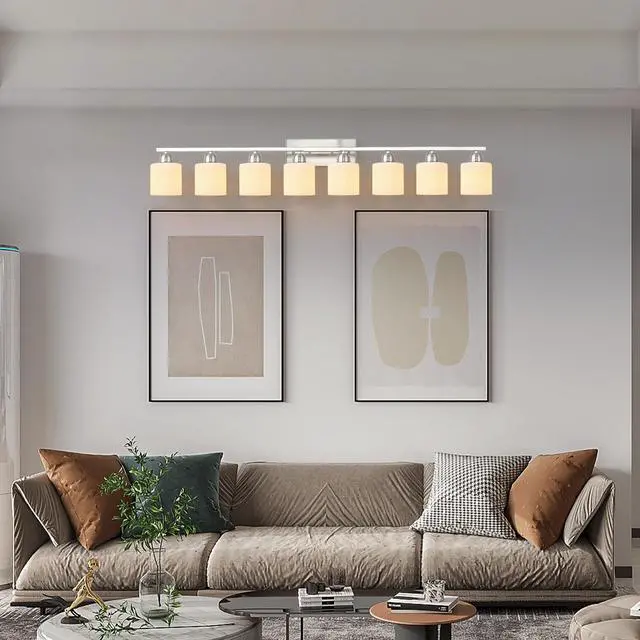 Main image of 8-Light Bathroom Light Fixtures, 52inch Nickel Vanity Light with Milky White Glass Shade, Modern Bathroom Wall Lights Over Mirror, Farmhouse Wall Sconces Lighting for Bedroom Living Room