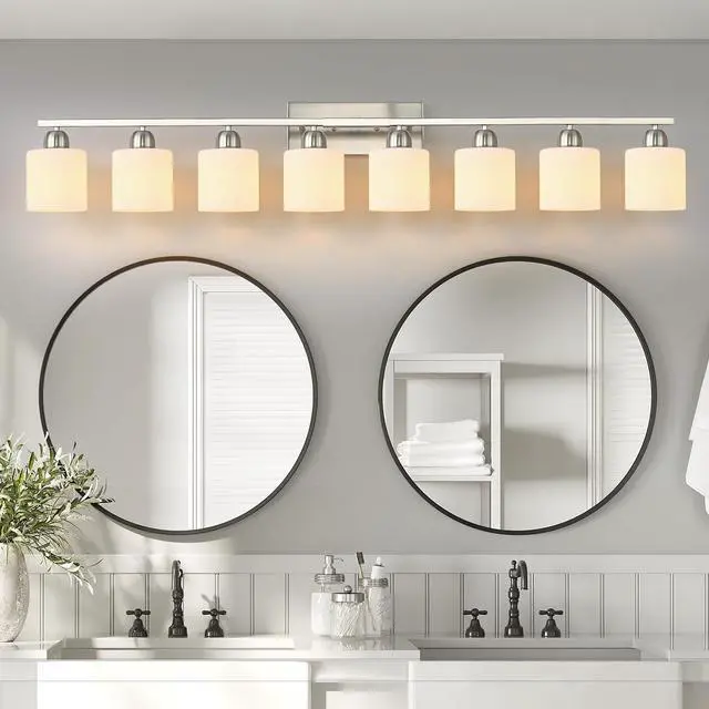Alt view image 3 of 7 - 8-Light Bathroom Light Fixtures, 52inch Nickel Vanity Light with Milky White Glass Shade, Modern Bathroom Wall Lights Over Mirror, Farmhouse Wall Sconces Lighting for Bedroom Living Room
