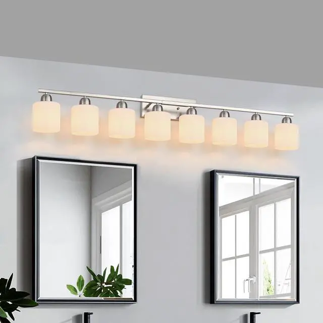 Alt view image 2 of 7 - 8-Light Bathroom Light Fixtures, 52inch Nickel Vanity Light with Milky White Glass Shade, Modern Bathroom Wall Lights Over Mirror, Farmhouse Wall Sconces Lighting for Bedroom Living Room