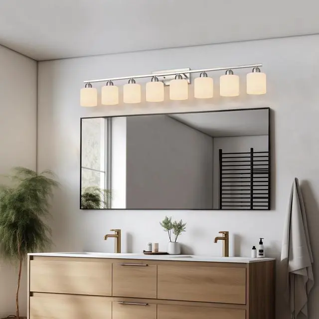 Alt view image 4 of 7 - 8-Light Bathroom Light Fixtures, 52inch Nickel Vanity Light with Milky White Glass Shade, Modern Bathroom Wall Lights Over Mirror, Farmhouse Wall Sconces Lighting for Bedroom Living Room