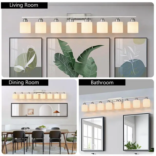 Alt view image 5 of 7 - 8-Light Bathroom Light Fixtures, 52inch Nickel Vanity Light with Milky White Glass Shade, Modern Bathroom Wall Lights Over Mirror, Farmhouse Wall Sconces Lighting for Bedroom Living Room