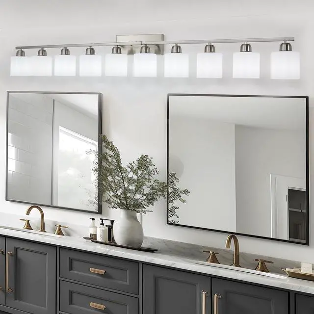 Alt view image 2 of 7 - 10-Light Bathroom Light Fixtures, 6552inch Nickel Vanity Light with Milky White Glass Shade, Modern Bathroom Wall Lights Over Mirror, Farmhouse Wall Sconces Lighting for Bedroom Living Room