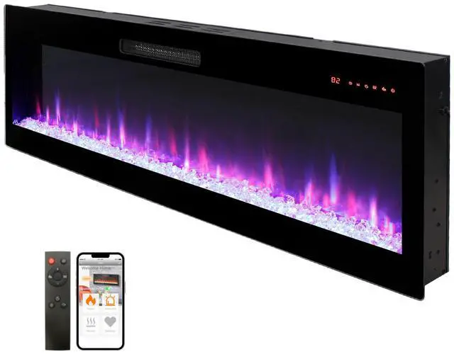 Main image of Smart 60" Wifi-Enabled Electric Fireplace Heater, Recessed In-Wall And Wall-Mounted
