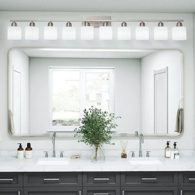 Alt view image 3 of 7 - 10-Light Bathroom Light Fixtures, 6552inch Nickel Vanity Light with Milky White Glass Shade, Modern Bathroom Wall Lights Over Mirror, Farmhouse Wall Sconces Lighting for Bedroom Living Room