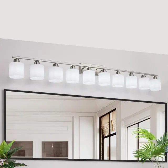Alt view image 4 of 7 - 10-Light Bathroom Light Fixtures, 6552inch Nickel Vanity Light with Milky White Glass Shade, Modern Bathroom Wall Lights Over Mirror, Farmhouse Wall Sconces Lighting for Bedroom Living Room