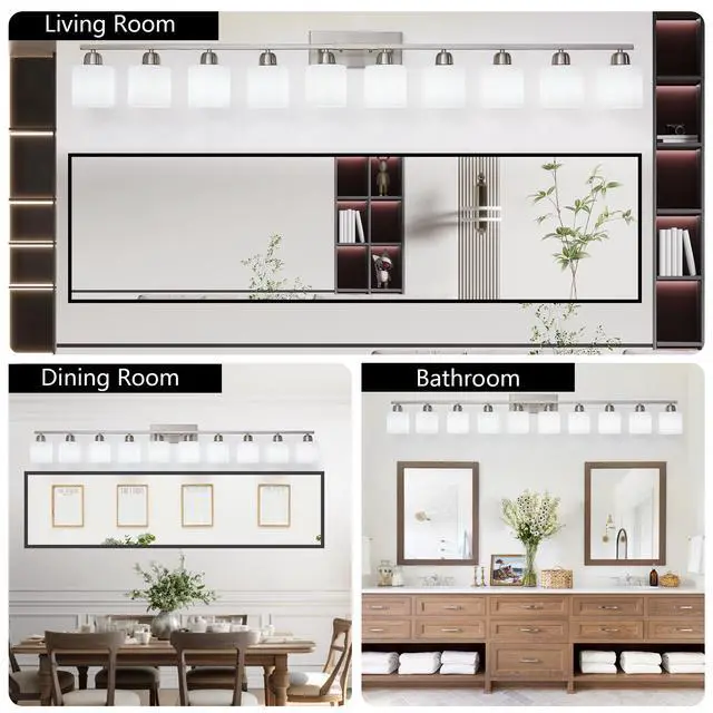 Alt view image 5 of 7 - 10-Light Bathroom Light Fixtures, 6552inch Nickel Vanity Light with Milky White Glass Shade, Modern Bathroom Wall Lights Over Mirror, Farmhouse Wall Sconces Lighting for Bedroom Living Room